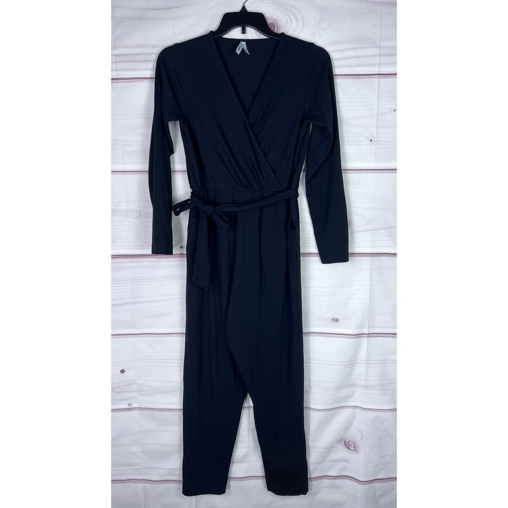 Pact Jumpsuit Women XL Black Faux Wrap Long Sleeve Skinny Leg Elastic Waist Belt